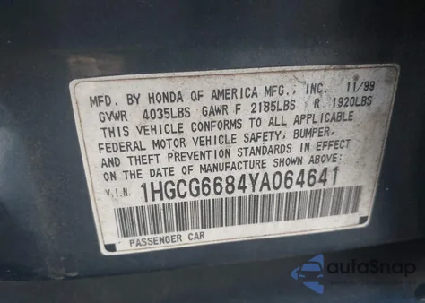 2000 Honda Accord 2.3 Ex from USA, damaged, VIN 1HGCG6684YA064641